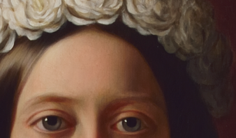 Gemaltes Teil-Portrait einer Dame mit Blumen im Haar