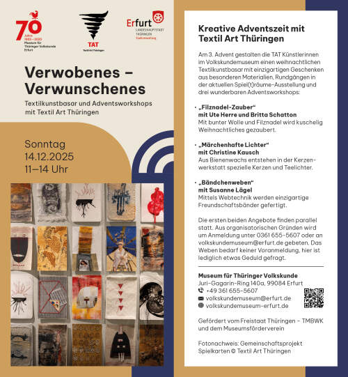 : Verwobenes – Verwunschenes: Textilkunstbasar und Adventsworkshops mit Textil Art Thüringen
