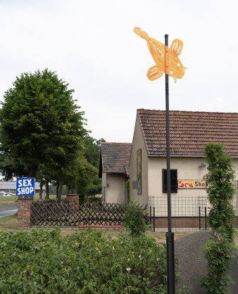 Haus an einer mit Bäumen bewachsenen Straße und großen Schildern mit der Aufschrift Sex-Shop