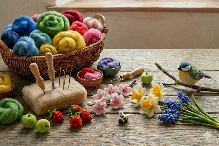 Bunte Wolle in einem Korb umrahmt von gefilzten Obst und Blumen, Filznadeln und weiterem Material