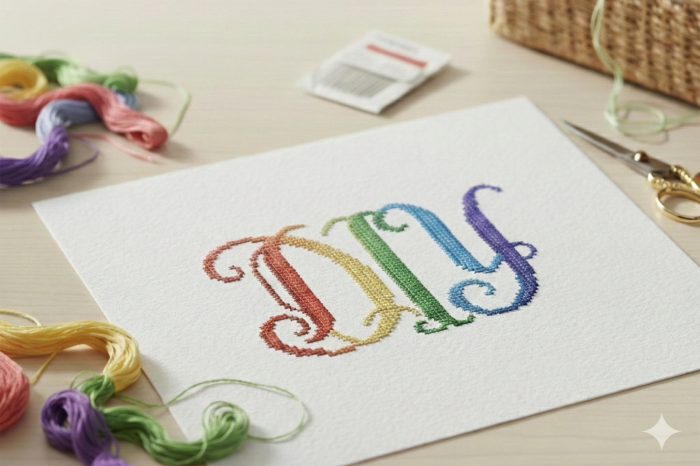 Ein auf Papier gesticktes Monogramm mit dem Schriftzug DIY aus bunten Fäden umrahmt mit weiterem Material