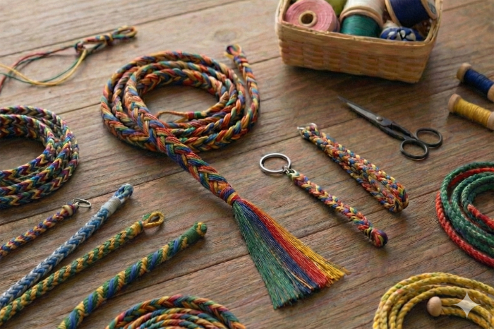 Geflochtene Bänder aus bunten Bändern auf einem Untergrund aus Holz mit weiterem Material