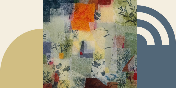 Ferien-Workshop: Druck auf Textil – mit Britta Schatton Werk „Kindheit - Füße im Gras“ von Britta Schatton aus 2024 umrahmt von grafischen Stilelementen