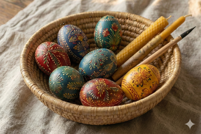 Bunte Eier mit batikähnlichem Wachsdekor mit Kerzen in einem Korb