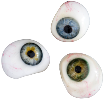 Drei Glasaugen aus Milchglas mit verschieden farbiger Iris