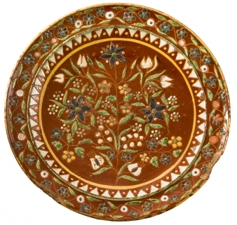 Brauner Teller mit floralem Muster etwa 25 cm Durchmesser 