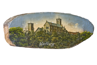 Kleine Holzscheibe mit dem Bild der Wartburg