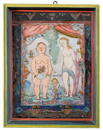 Bild mit aufwendig verzierten Rahmen und einer Malerei von zwei nackten Frauen mit einem Kind auf Glas gemalt